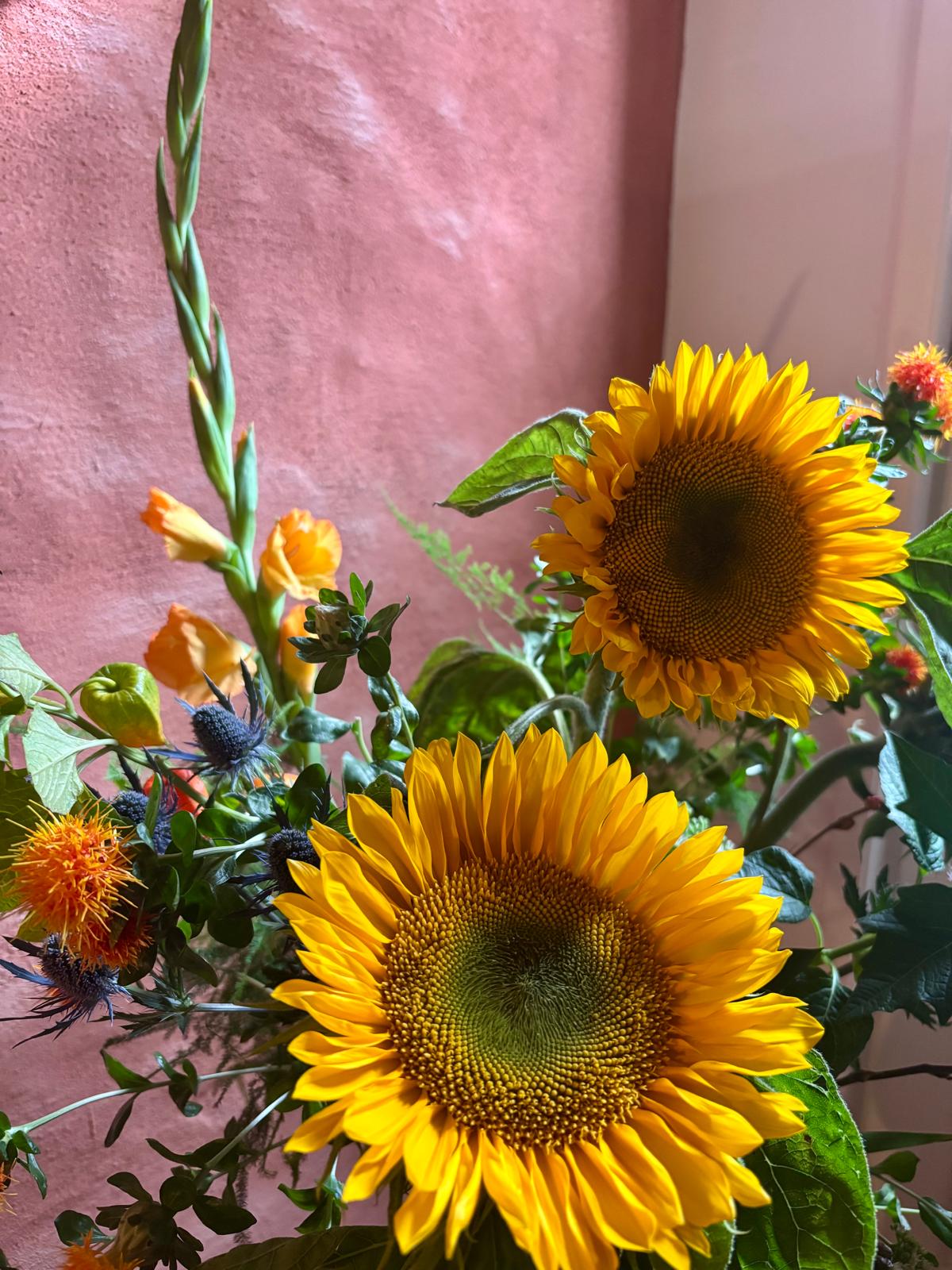 Zonnebloemen, gladiolen en distels tegen een roze muur